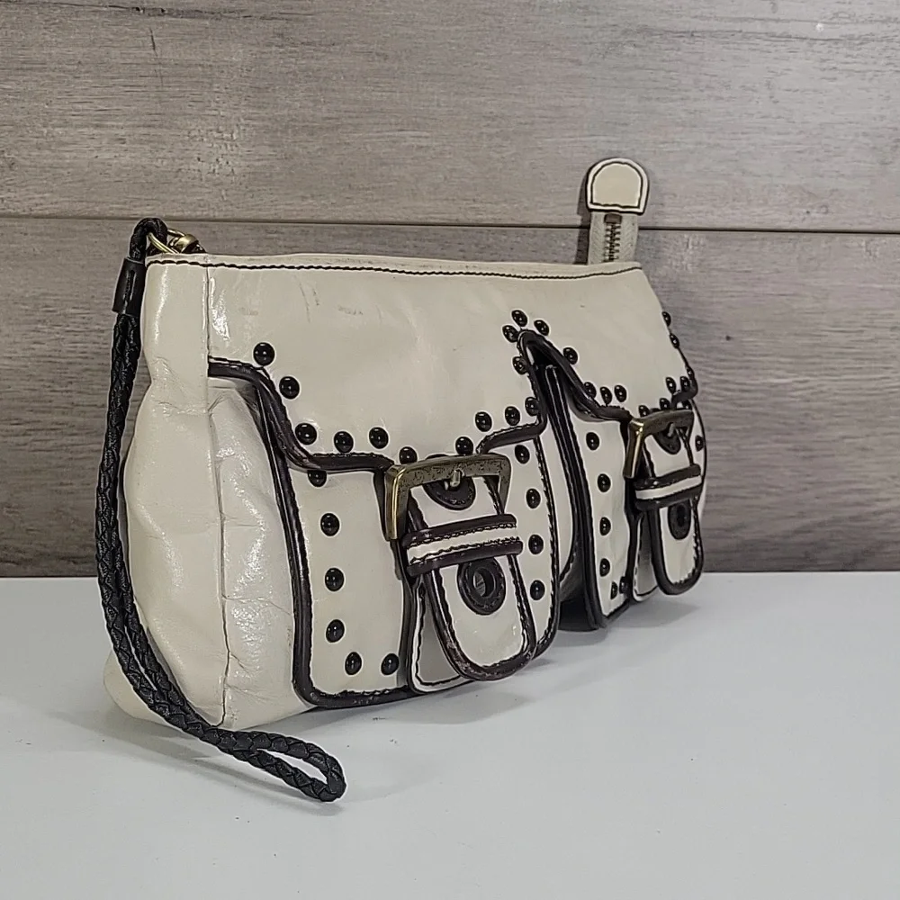 Kate Landry Cream Studded Double-Pocket Wristlet Clutch Bag